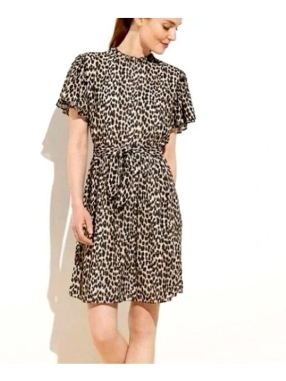 LOFT Mini Dress Small Leopard Print Tie Waist Flutter Sleeve Animal Print Wild